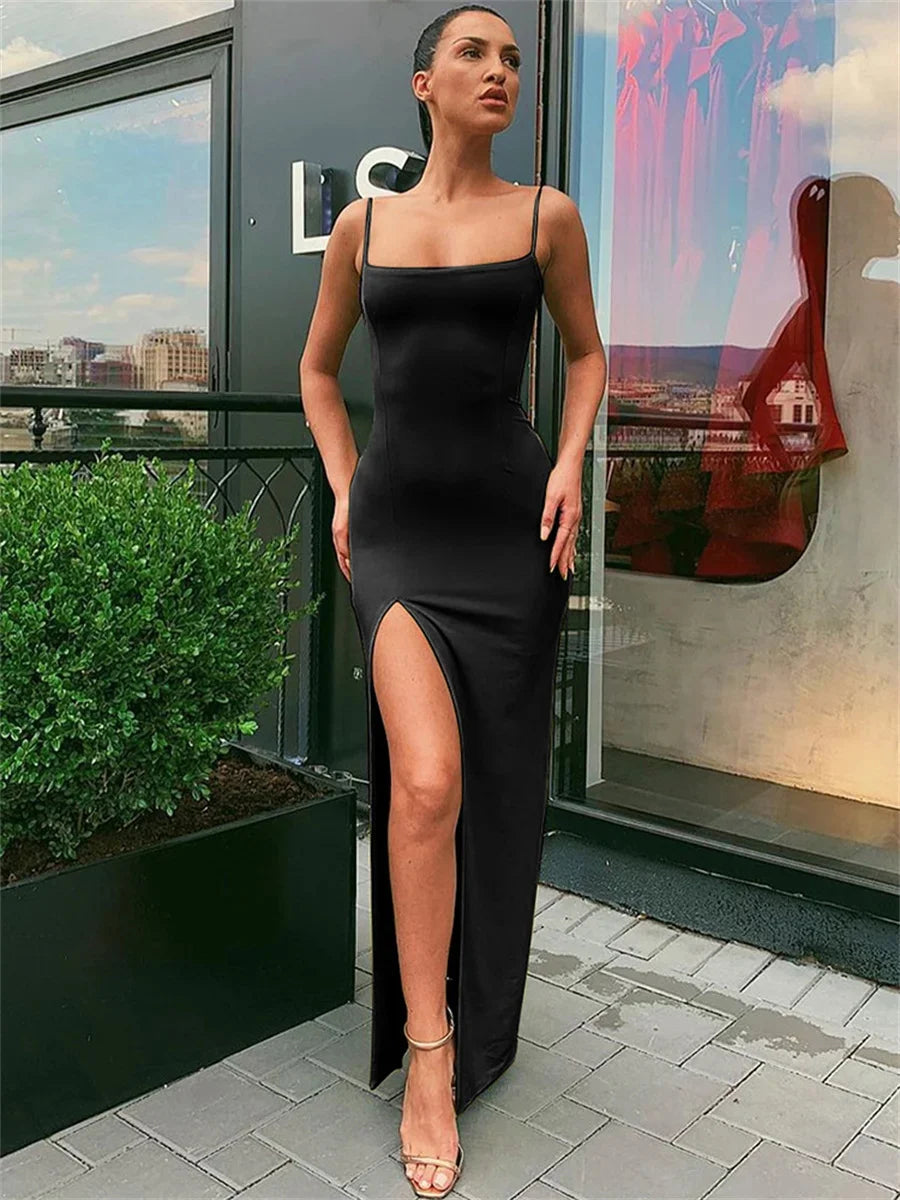 Women Summer Sexy Bodycon Dress Lady Sexy Spaghetti Strap Sleeve Split Solid Color Sheath Dress