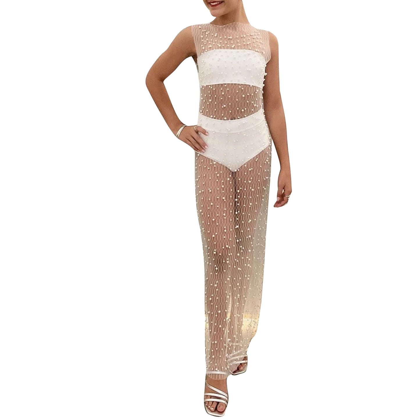 Women s Sheer Mesh Dress Sleeveless Round Neck Pearl Studded Long Dress Bikini Cover Up Dress