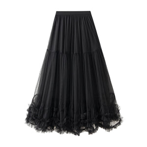 Women’s Tulle Long Skirts Elastic High Waist Ruffle Hem Fluffy A-line Midi Skirts