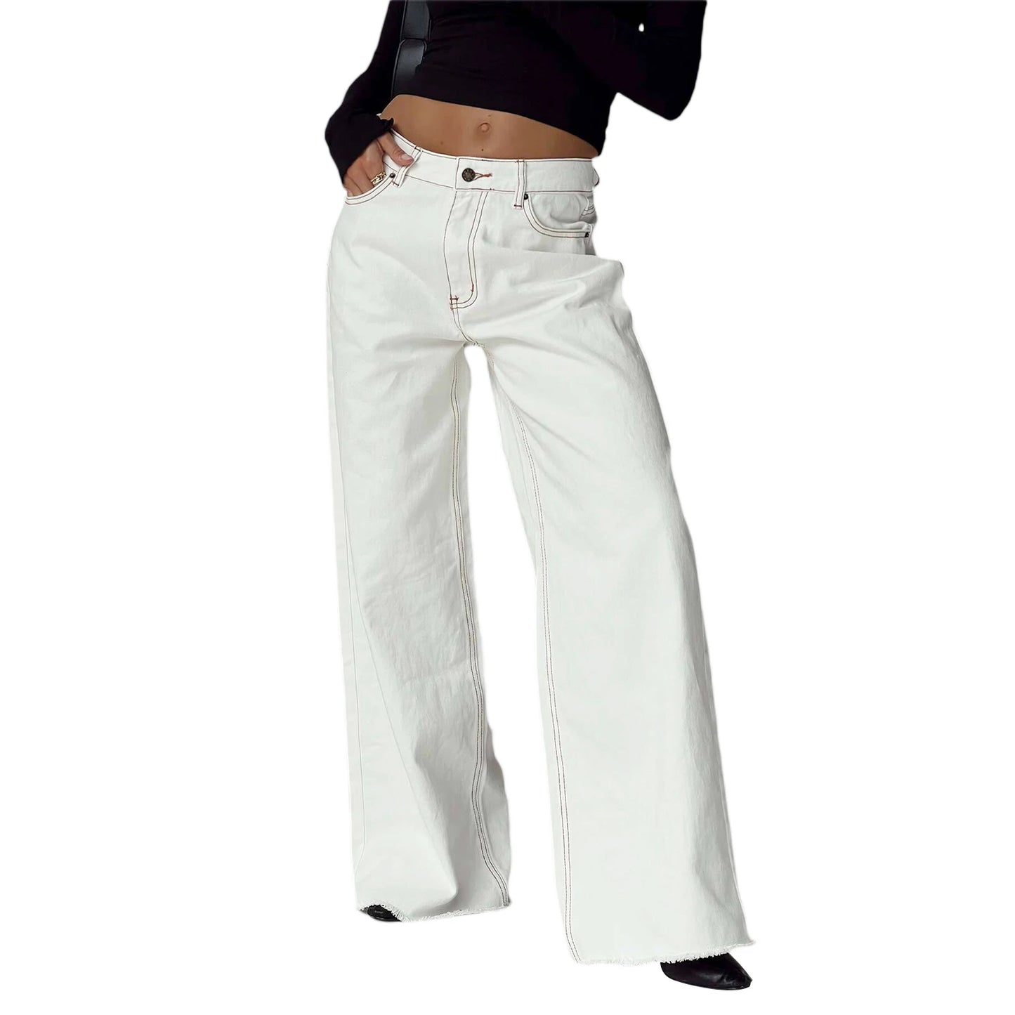 Women Wide Leg Jeans Trousers Solid Color Button Fly Casual Loose Pants for Work Office Streetwear