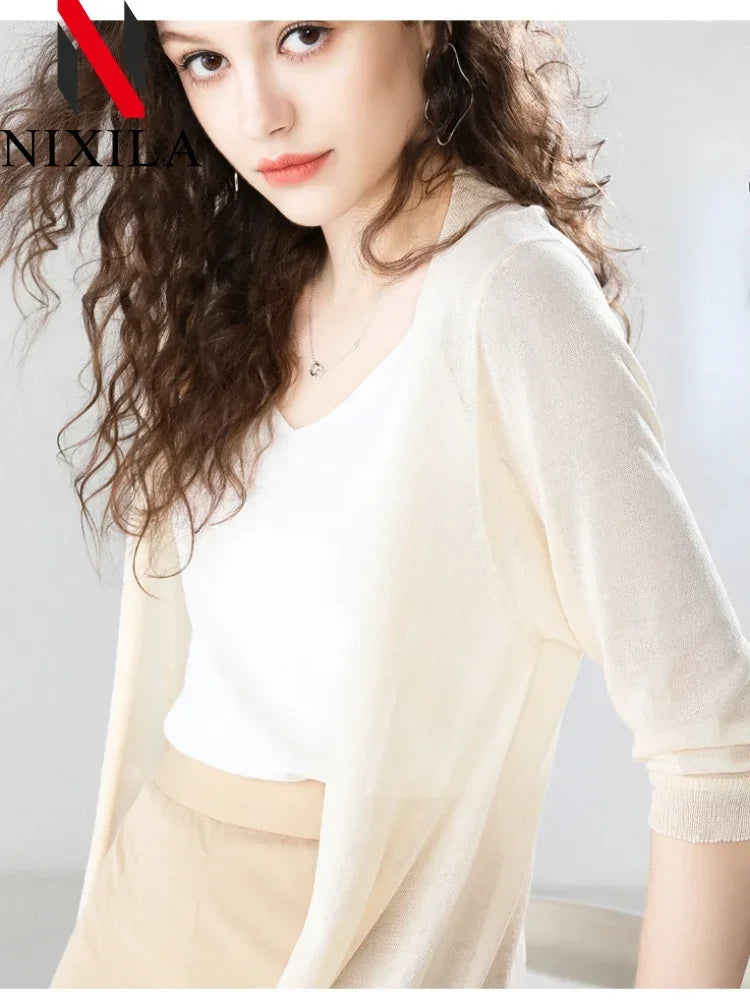 Summer Knit Long Sleeve Elegant Jacket Hollow Cardigan Thin Ice Silk Sun Protection Shirt Vacation Coat for Women