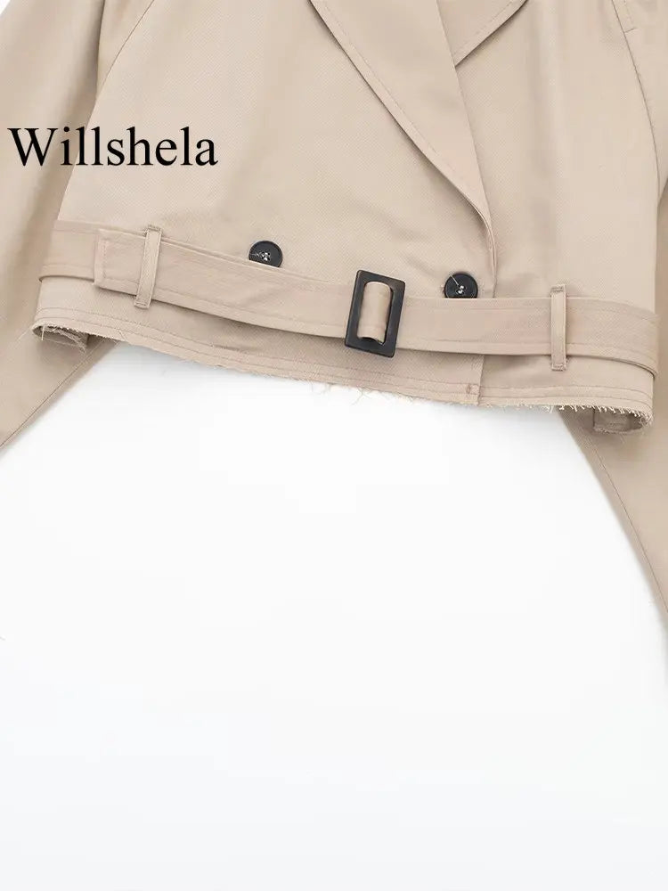 Women Fashion With Belt Cropped Trench Jacket Vintage Notched Neck Long Sleeve Female Chic Lady