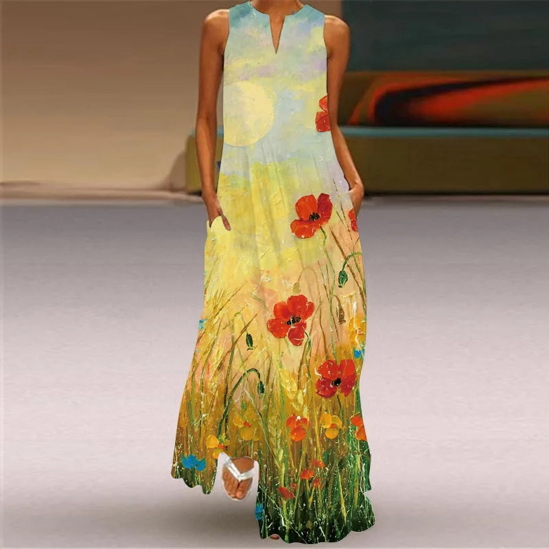 Vintage Print Maxi Dress For Women Summer Loose Sleeveless Long Dresses Elegant Lady V Neck Pocket Boho Beach Sundress Vestidos