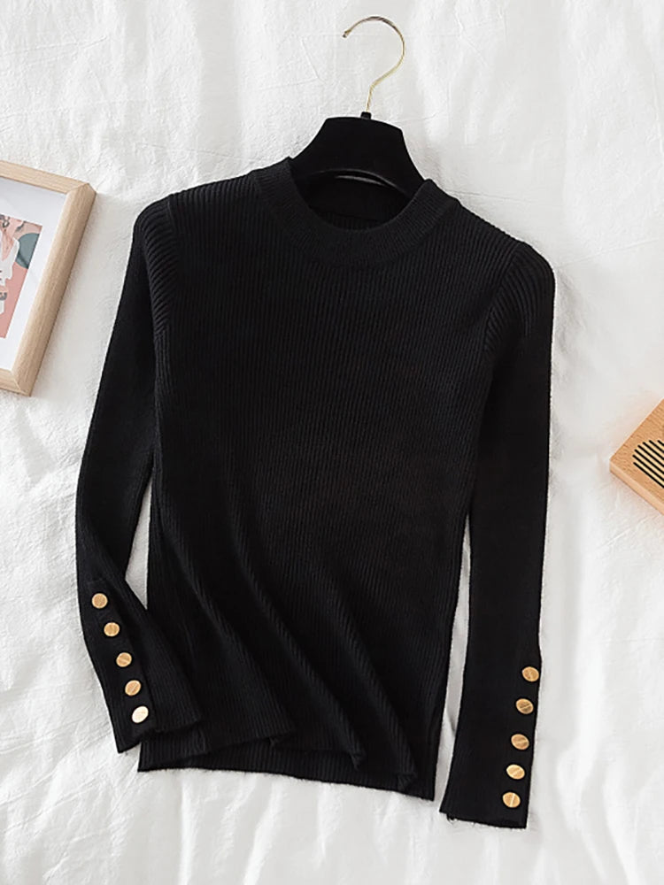 Women's thick sweater pullovers casual button o-neck chic sweater female knit top soft jumper tops