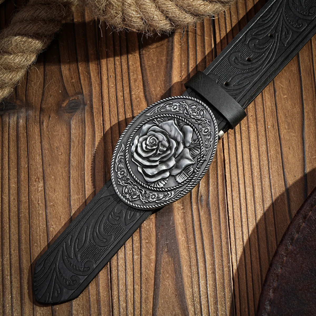 Western denim PU Belt -Women's decorative printed carved denim waistband Rose