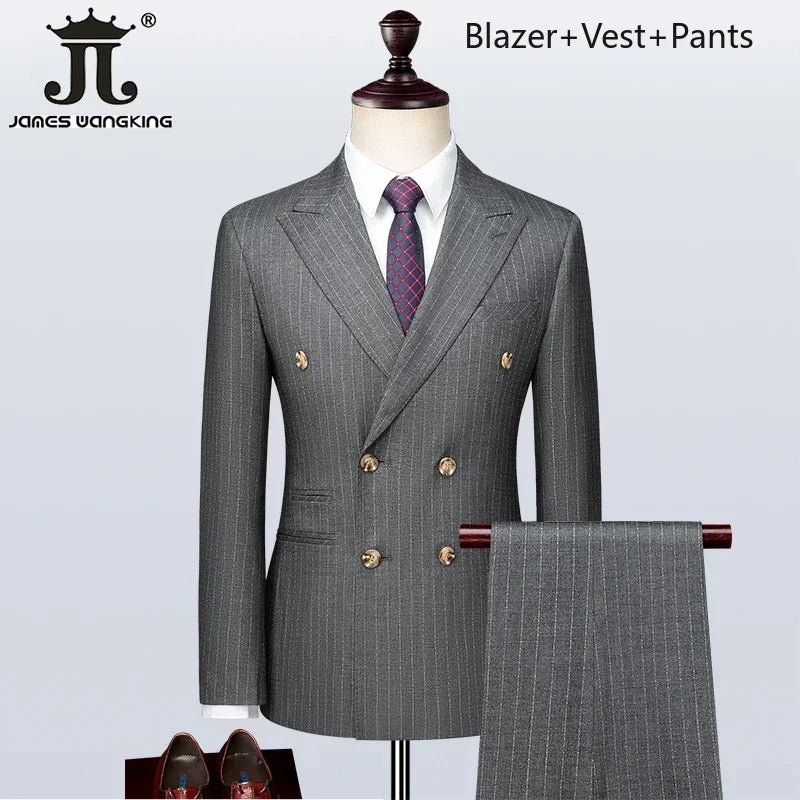 ( Blazer + Vest + Pants ) Boutique British Style Men's Suit Plaid Dress Business Casual Formal Suits 3Pcs Set