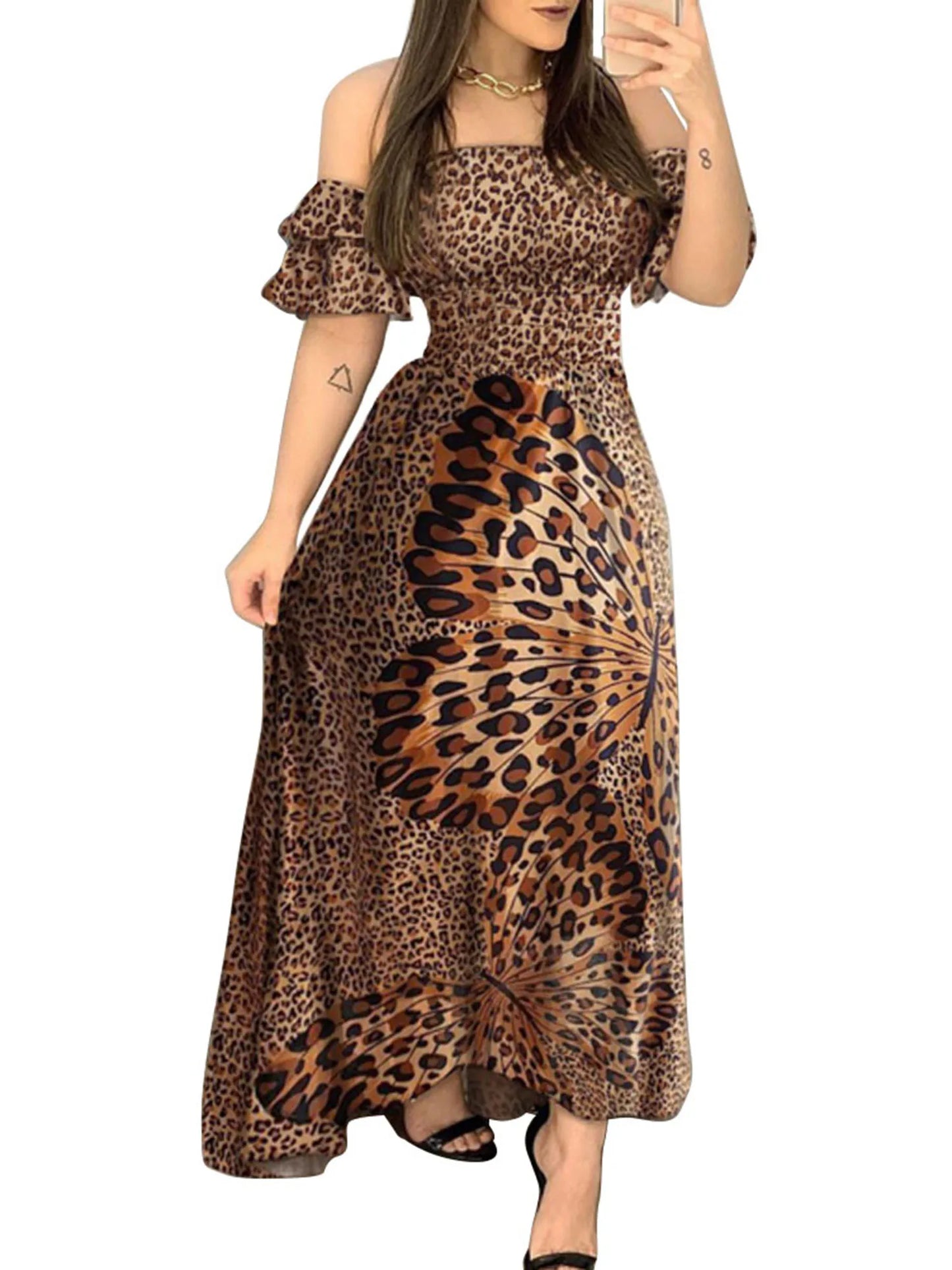 Maxi Dress with Ruffled Off-Shoulder Design and Chic Leopard Print Pattern