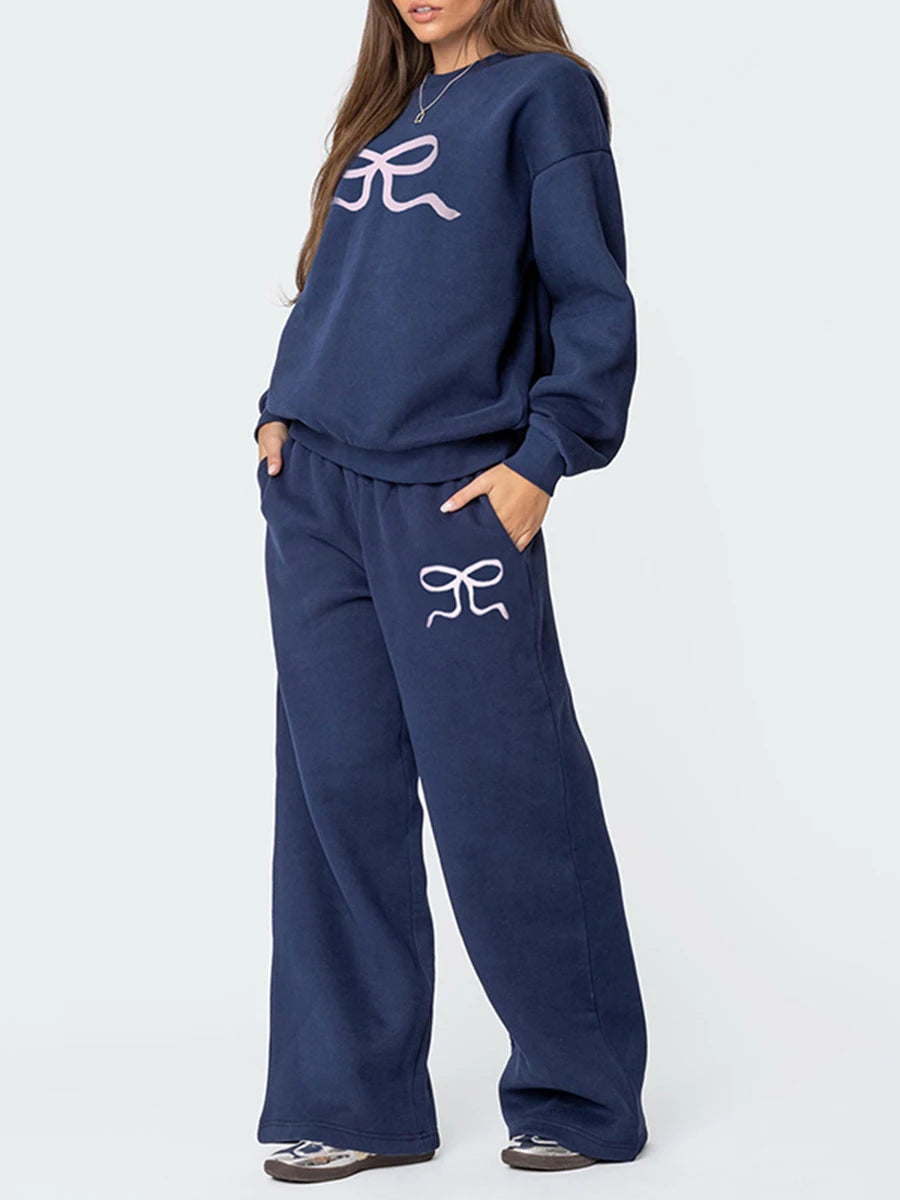 Women s 2-Piece Sweatsuit  Long sleeve O-neck and High Waist Wide Leg Pants Set Casual