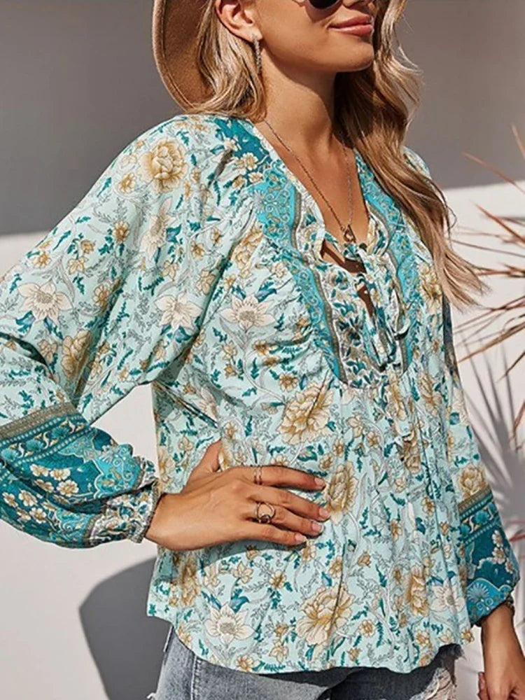 Vintage Lantern Sleeve  Bohemian Print Blouse