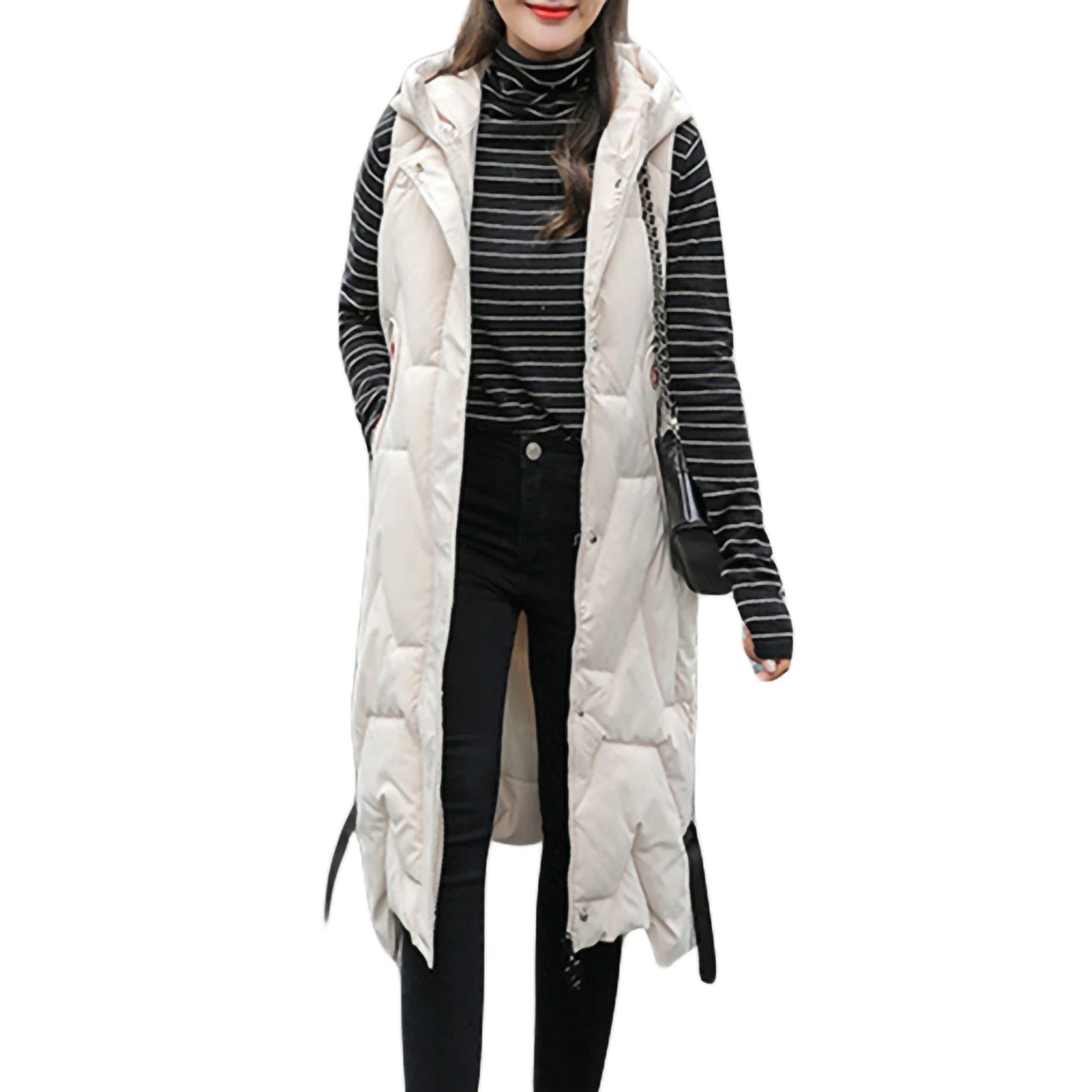 Quilted Puffer Vest with Hood Mid-Length Sleeveless Winter Waistcoat Zipper Closure Lightweight Down Coat