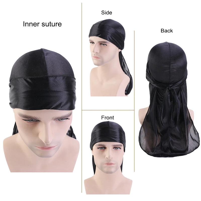 Unisex Silky Long Tail Durag Pirate Hat Turban Fashion Headwraps Cap Bandana Women Men Headwear Caps