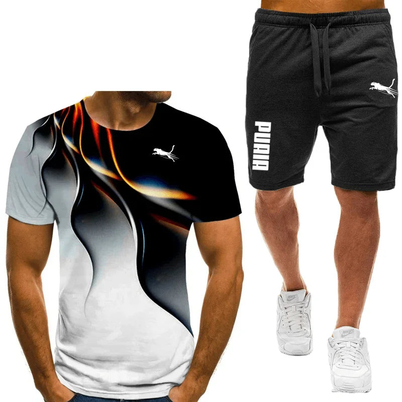 Two piece animal pattern printed men's suit summer casual daily men's short sleeved T-shirt outdoor street men's sports shorts