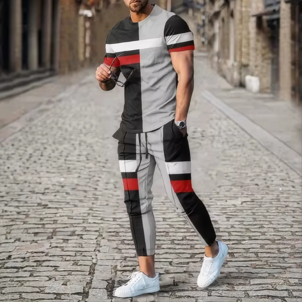 Summer fashion men's T-shirt suit sportswear 3D printed sportswear short sleeved T-shirt long pants street wear 2-piece set