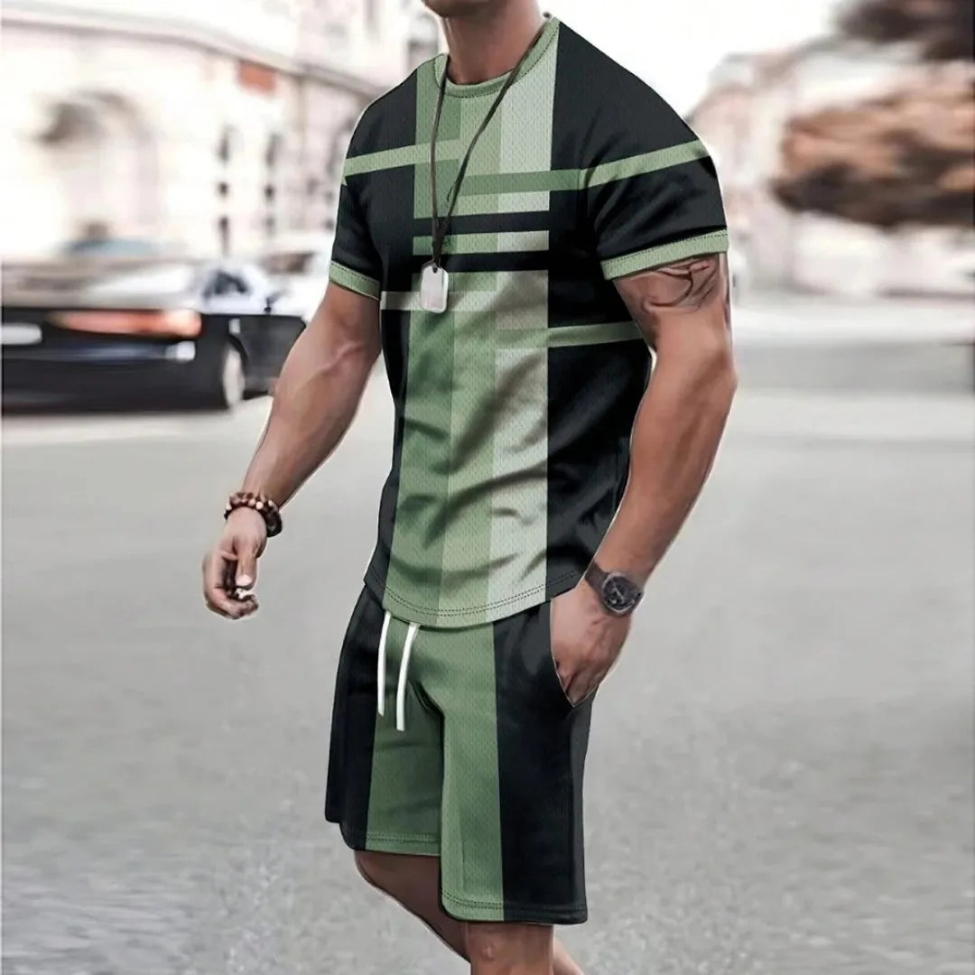 Fashion Men's sports shorts Short sleeve T-shirt style casual shorts set Retro cool breathable and two piece set
