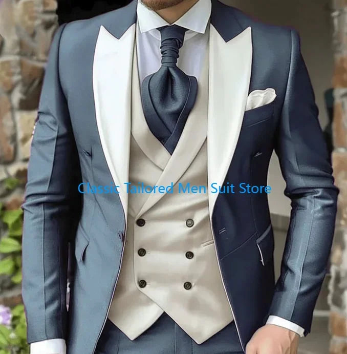 Elegant Wedding 3 Piece Jacket Pants Vest Full Set Luxury Single Breasted Peak Lapel  Male Clothing Men's Suits Blazer