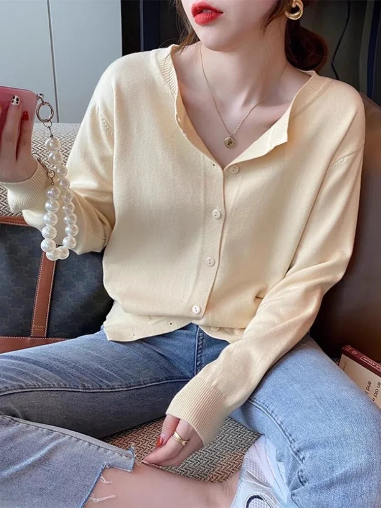 Cardigan Sweater Casual Warm Spring Summer Women O-neck Long Sleeve Single Breasted Slim Fashion