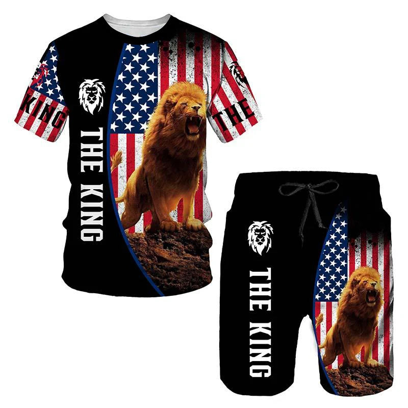Ferocious Lion Summer Tracksuit Set 3D Printed Casual Men's T-shirt Shorts Male Sportswear Short Sleeve 2 Pieces Clothing Outfit
