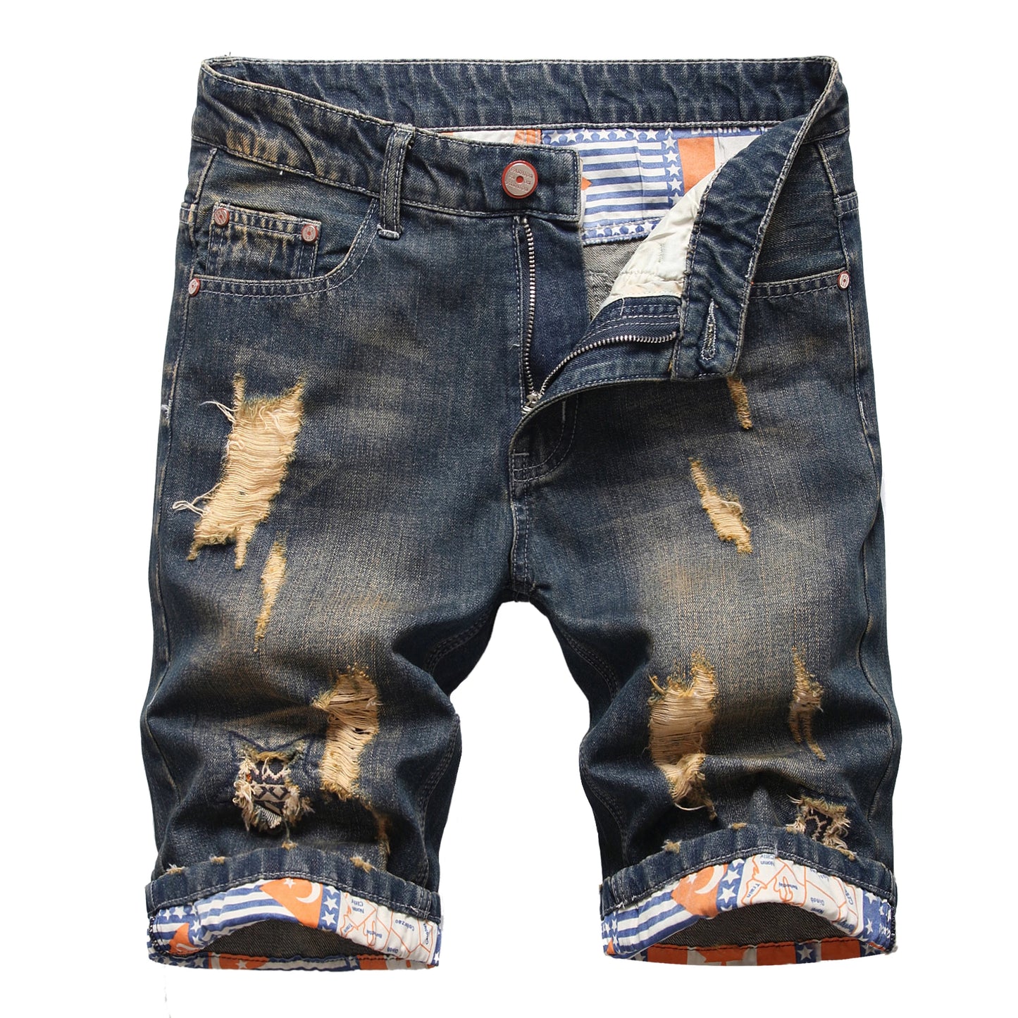 Hip Hop Ripped Fashion Denim Shorts Blue New Style Stretch Straight Personalized Retro Nostalgic Trendy Pants Jeans Shorts