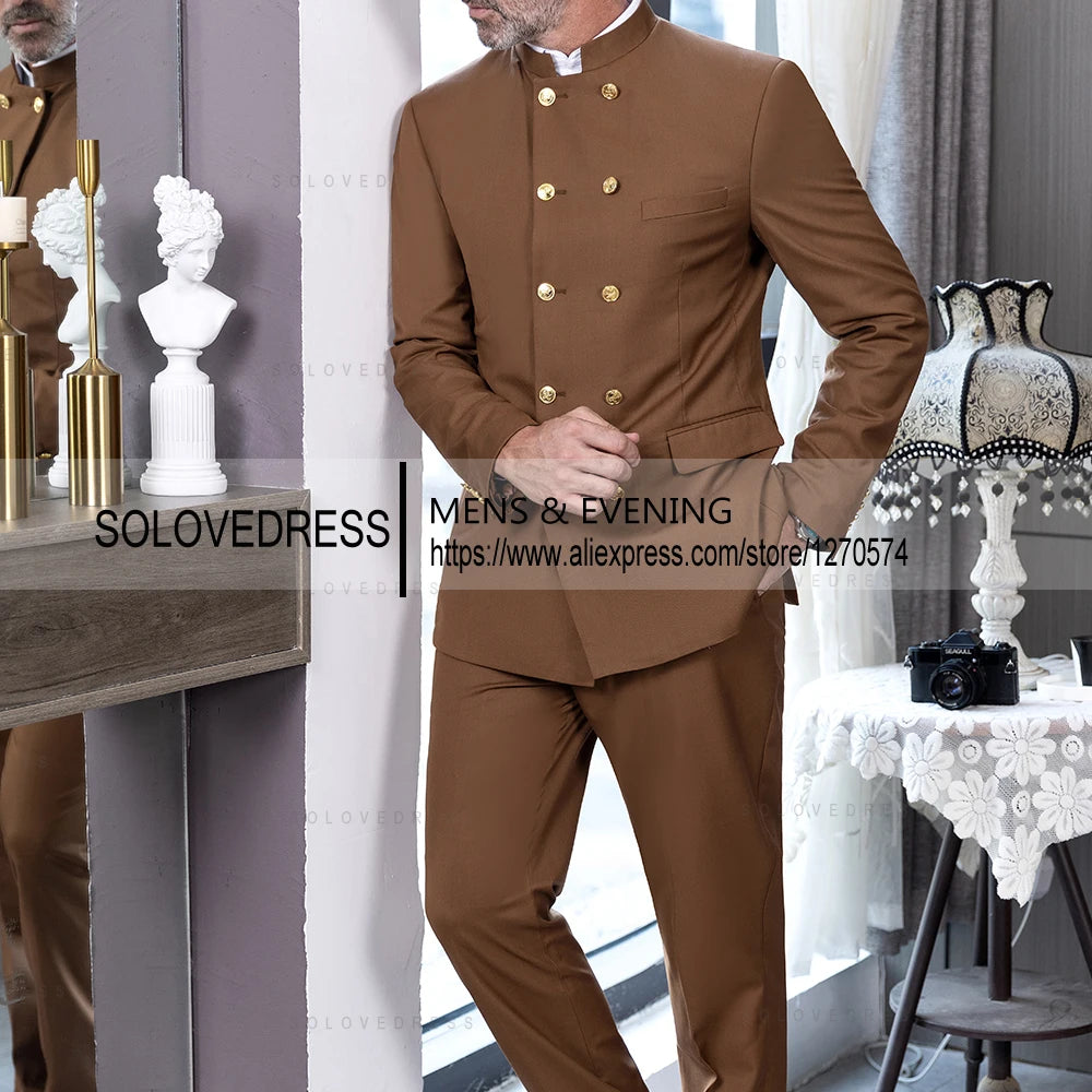 2 Piece Stand Collar Double-Breasted Chinese Style Men's Suits With 3 Real Pocket Wedding SuitsTailored Fit (Blazer+Pants)
