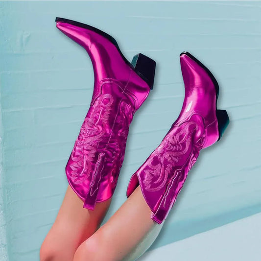 Embroidered Mid-Calf Western Boots Block High Heel Pointed Toe Pull-On Shoes
