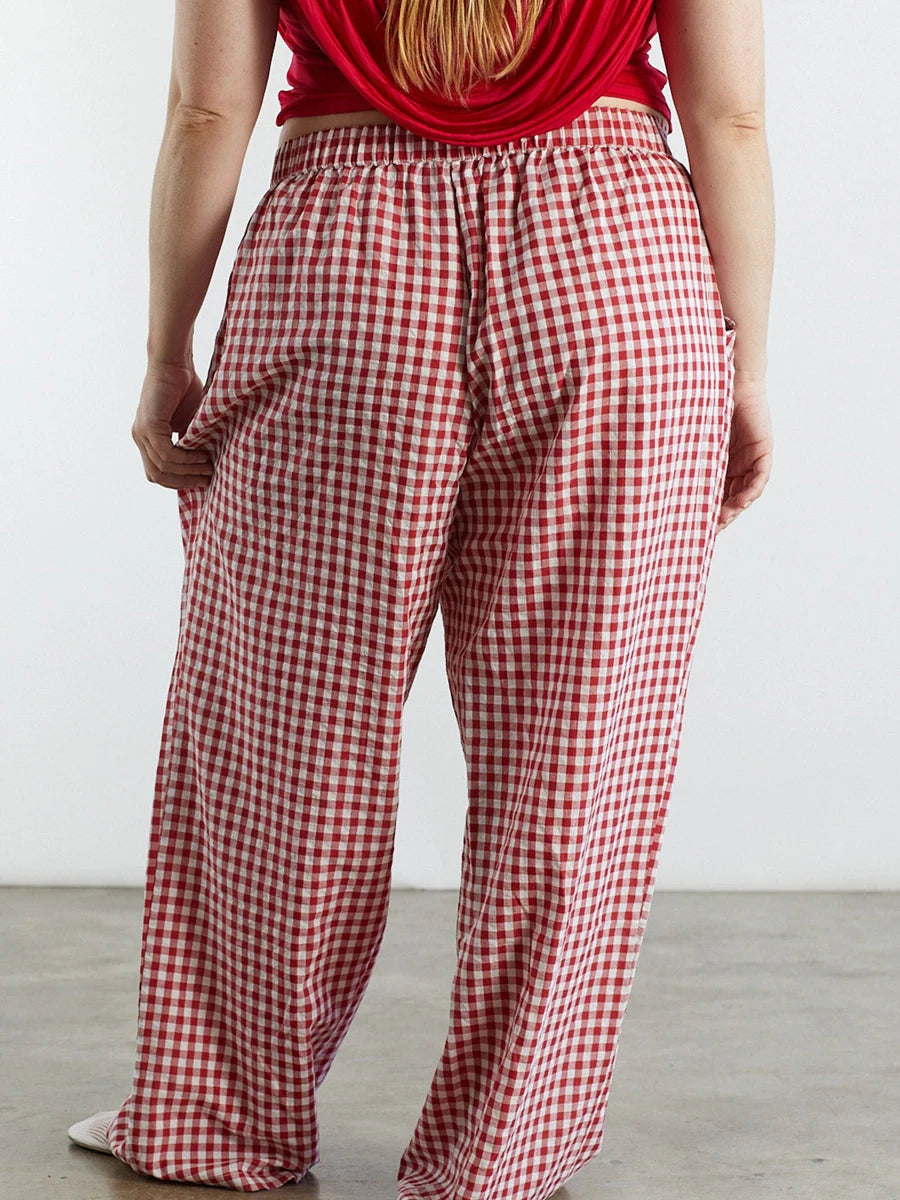 Women s Casual High Waist Wide Leg Palazzo Pants with Elastic Waistband and Checkered Print Design for Spring Summer Fashion