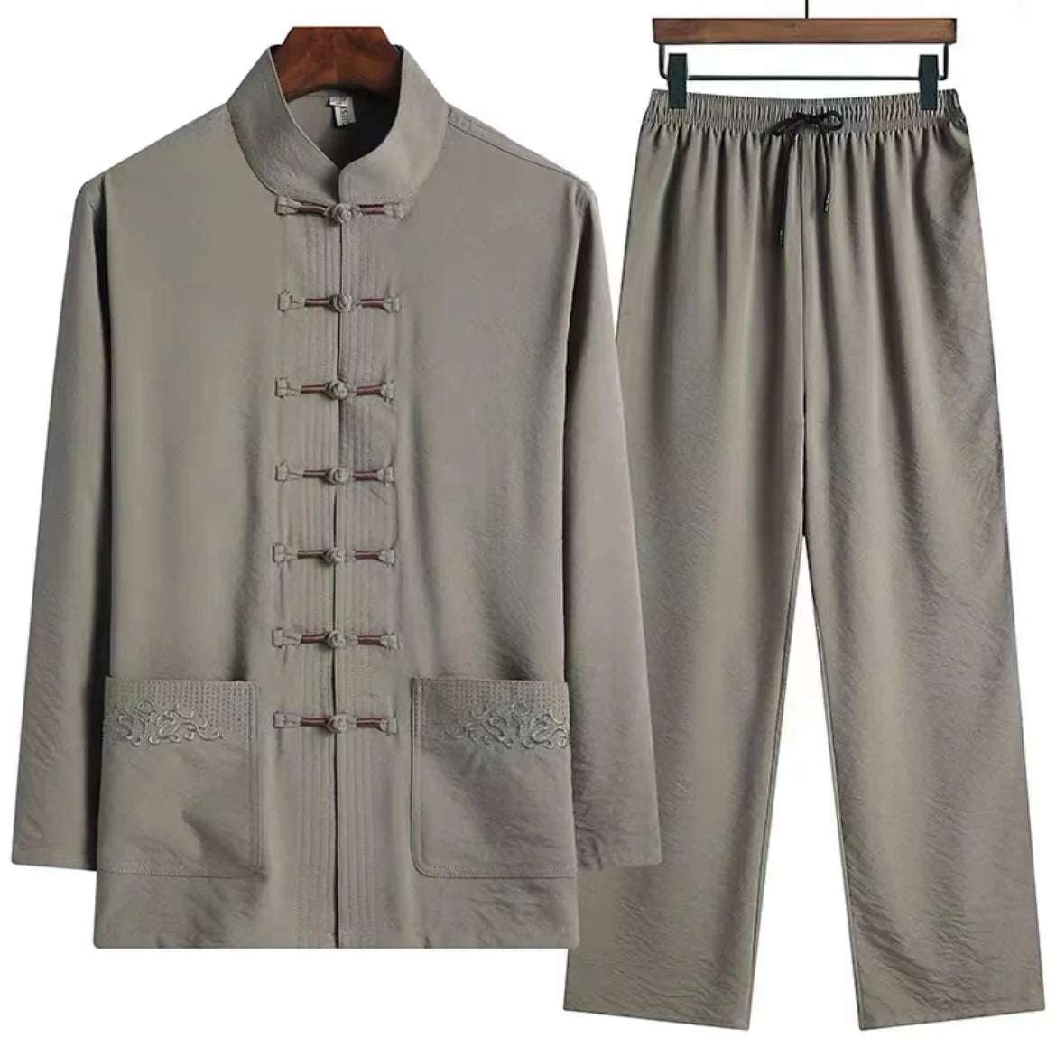Chinese Traditional Clothing Set Man Fall Linen Buckle Shirt Oriental Retro Top Pants Tai Chi Breathable Uniforms