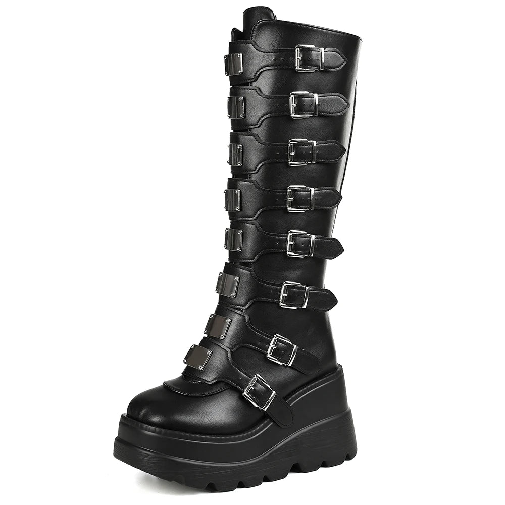 Goth Metal Buckle Combat Mid-Calf Boots For Women Round Toe Platform Chunky High Wedges