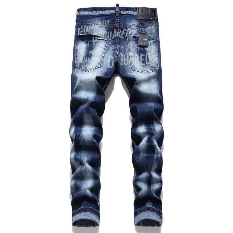Watermark Button Fly Laser Stereo Cat Beard Blue Cotton Elastic Slim Straight Jeans  Basic Trend Can Be Worn in All Season
