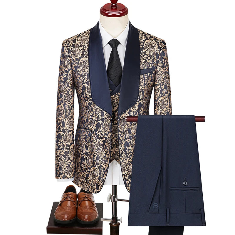 Men's British Style Business Casual Three-Piece Suit Vest Trousers High-Density Jacquard Wedding Prom