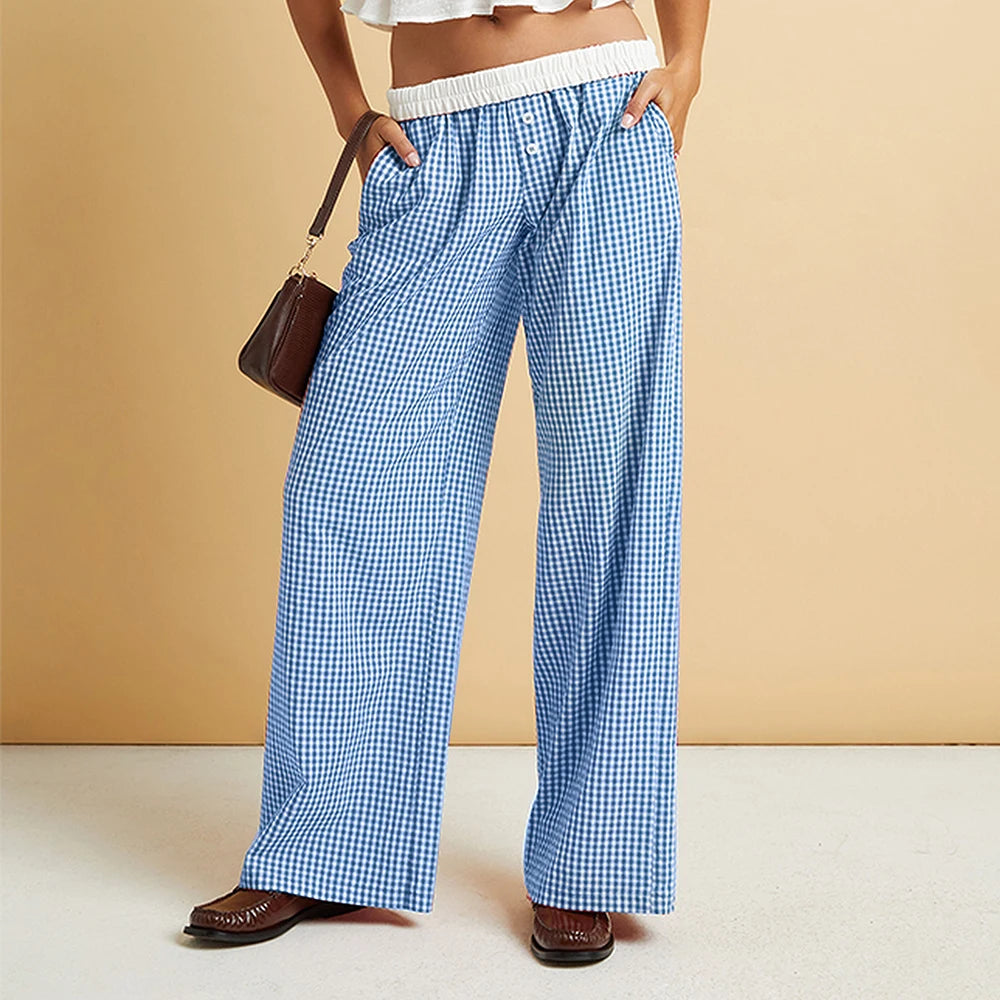 Women s Plaid Wide-Leg Pants with Button Detailing Elastic Waistband and Loose Fit for a Casual Spring Summer Look - Stylish