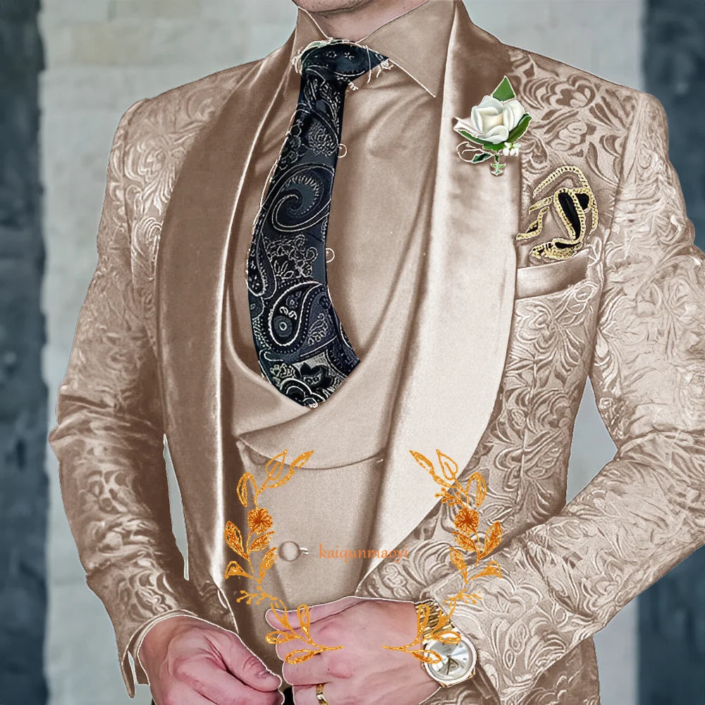 Jacquard Elegant Men's 3 Piece Suit Set Wedding Groom Tuxedo Jacket Pants Vest Formal Party Dress