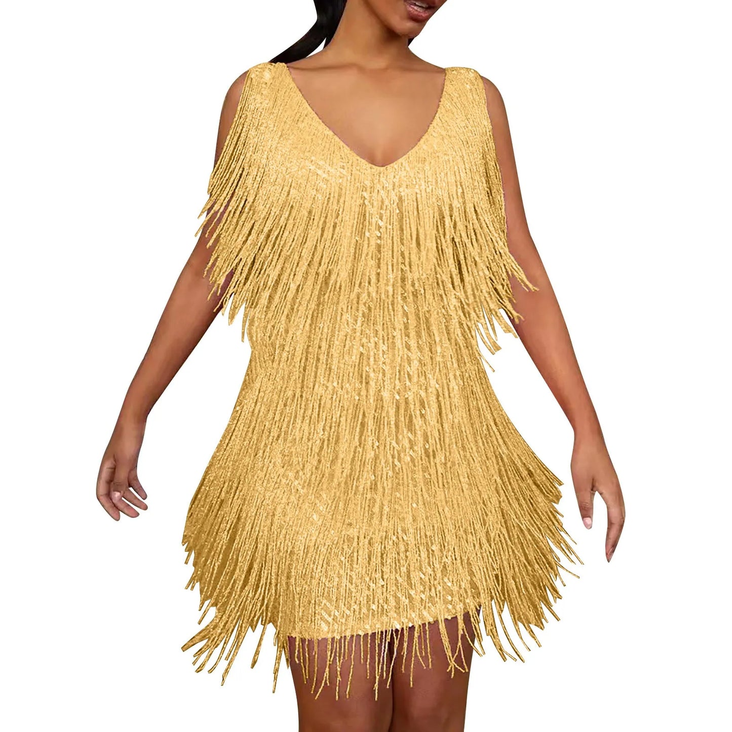 Sequin Suspenders Fringe Mini Dress Women  Solid Color Cocktail Party Bodycon Elegant Slings Tassel