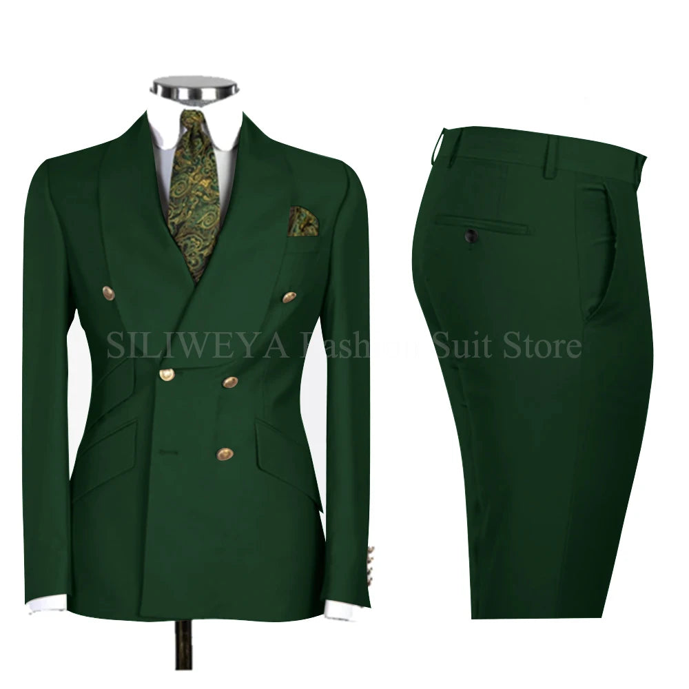Gold Men Business Casual Men's Suits Jacket Pants Set Male Blazer Coat Pants 2PCS Slim Fit Suits