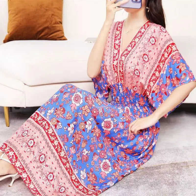 Colorful Flower V-neck Elastic Youthful Bohemian Sweet Midi Dress Woman Clothes Chic Fashion Summer Dresses