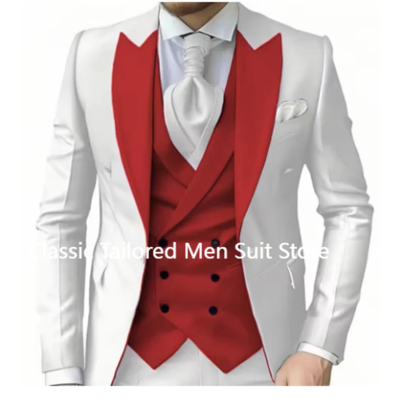 Elegant Wedding 3 Piece Jacket Pants Vest Full Set Luxury Single Breasted Peak Lapel  Male Clothing Men's Suits Blazer