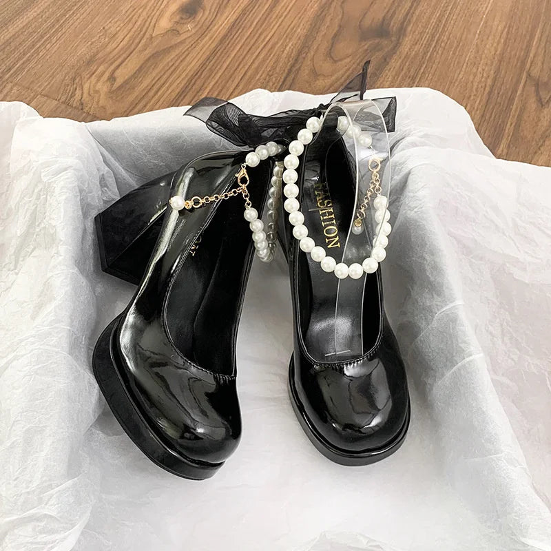 Lace Bow and pearl accent High Heels  Square Toe  Pumps Thick Heel