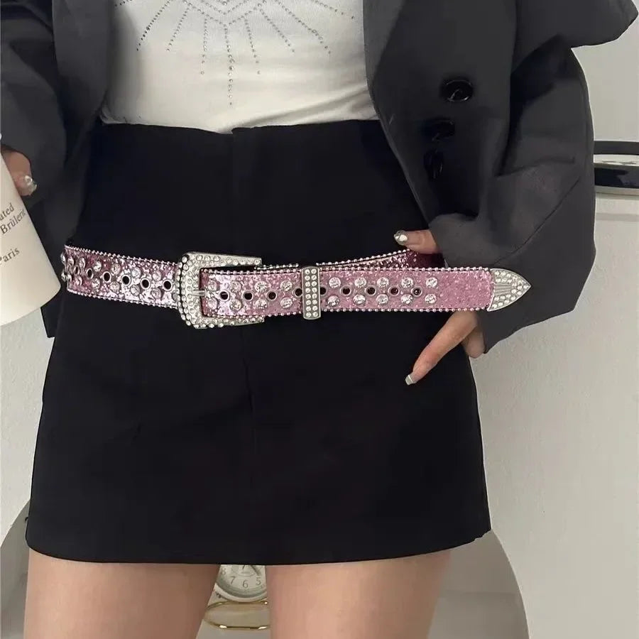 Women Fashion Solid Print Studded Full Rhinestone Belt PU Leather Bling Crystal Adjustable Glitter Waistband