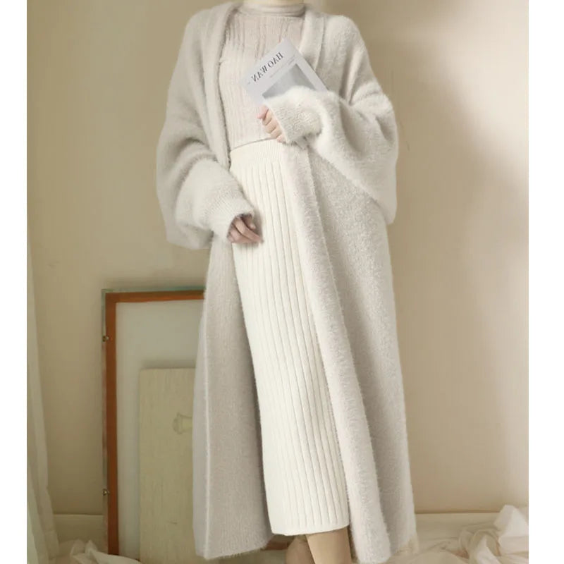 white Long Cardigan for women winter clothes Knitted fluffy long sleeve Cashmere sweater coat warm vintage