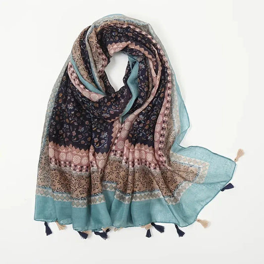 Ethnic Print Tassel Scarf in Cotton and Linen, Women's Retro Fashion Shawl