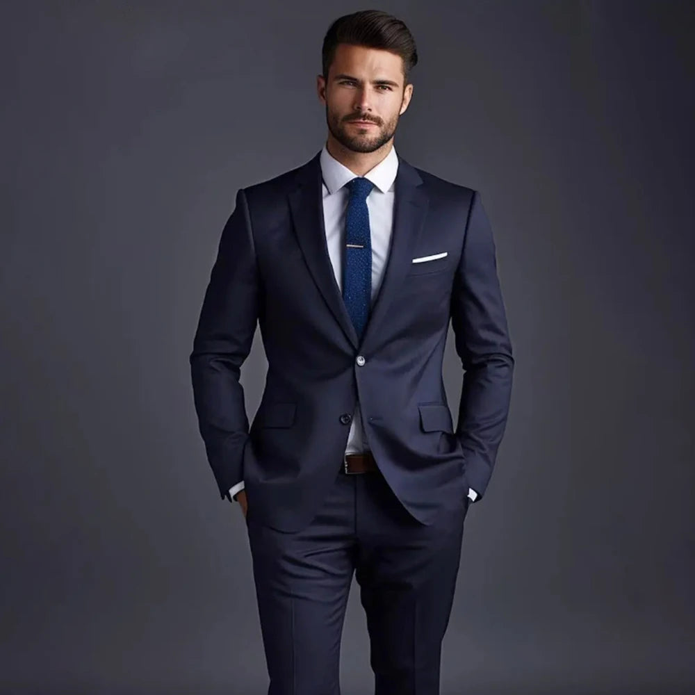 Elegant Navy Blue Solid Men Suits Two Piece Formal Notch Lapel Single Breasted Slim Fit Outfits Office Business Casual Suits