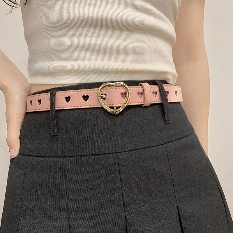 Fashion Europe and the United States full hole belt female trend double row cool belt Heart Shaped Buckle