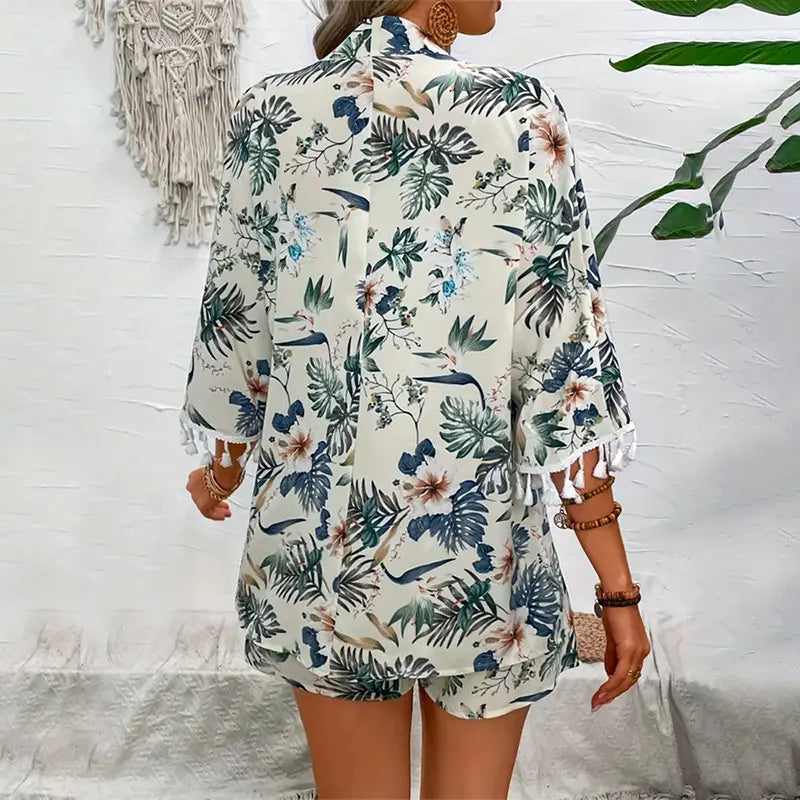 Two Piece Set For Women Open-front Cardigan Smock Flower Printed Beach Shorts Summer Suits
