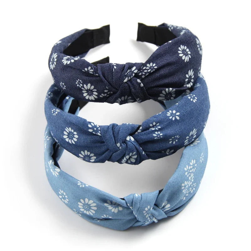 1/3pcs Knotted Print Denim Cloth Headband for Women Girls Face Wash Hair Hoop Simple Denim Headpiece