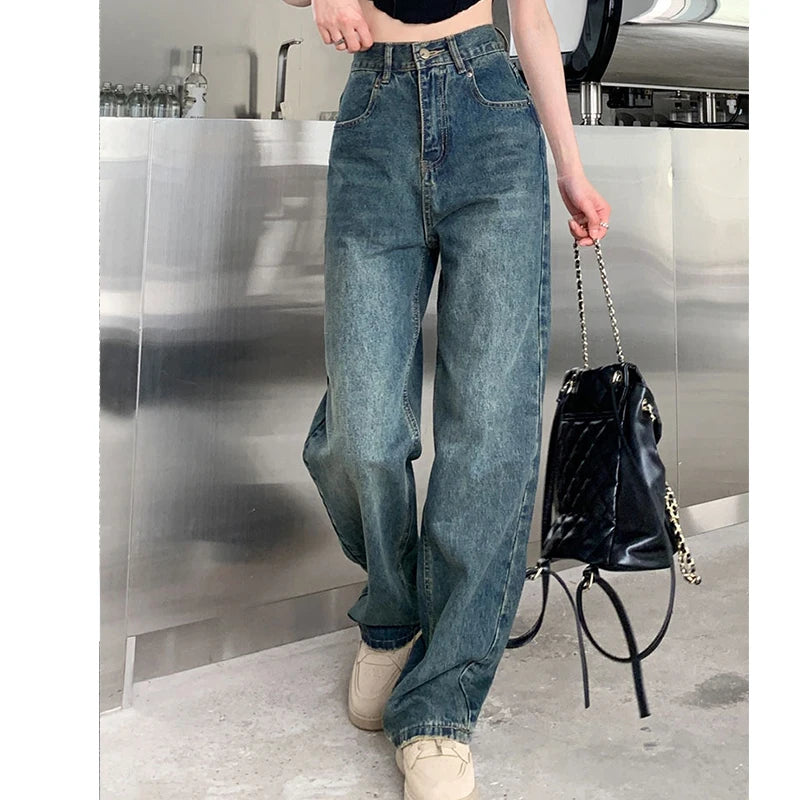 Wide Leg Jeans For Women High Waisted Contrasting Straight Leg Pant Autumn Loose Pants Streetwear