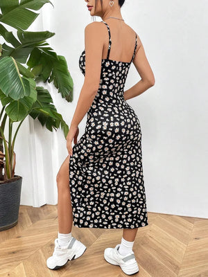 Long Dress Strapless Wrap Chest; High Slit Daisy Print Wrap around Skirt Maxi Dress