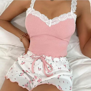 Women 2pc Pajama Set Pink Lace Patchwork V-Neck Sleepwear Sexy Nighties Suit Cami Top Printed Shorts