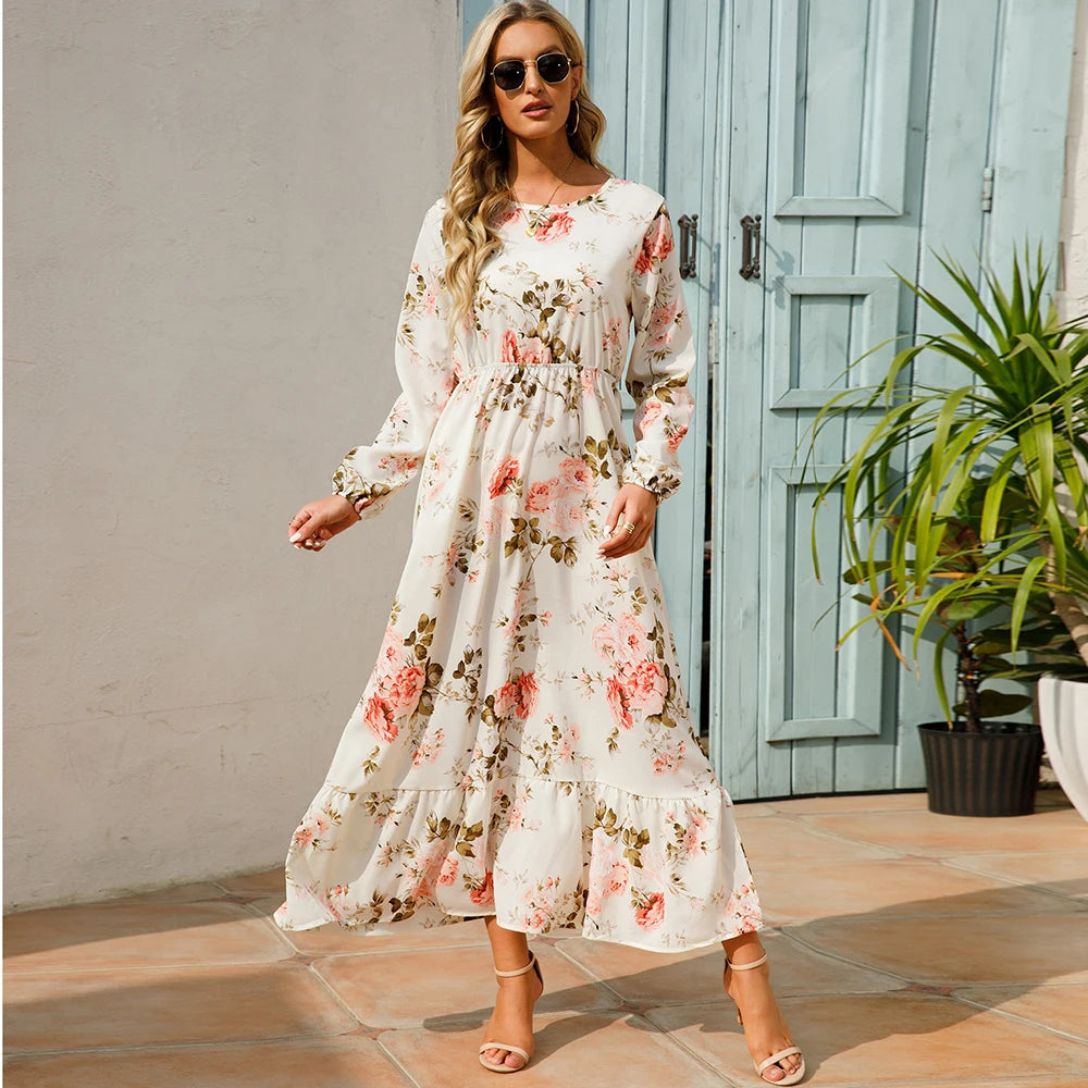 Bohemian Women's Maxi Dress Casual Long Sleeve High Waist Beach Woman Chiffon Dresses Floral