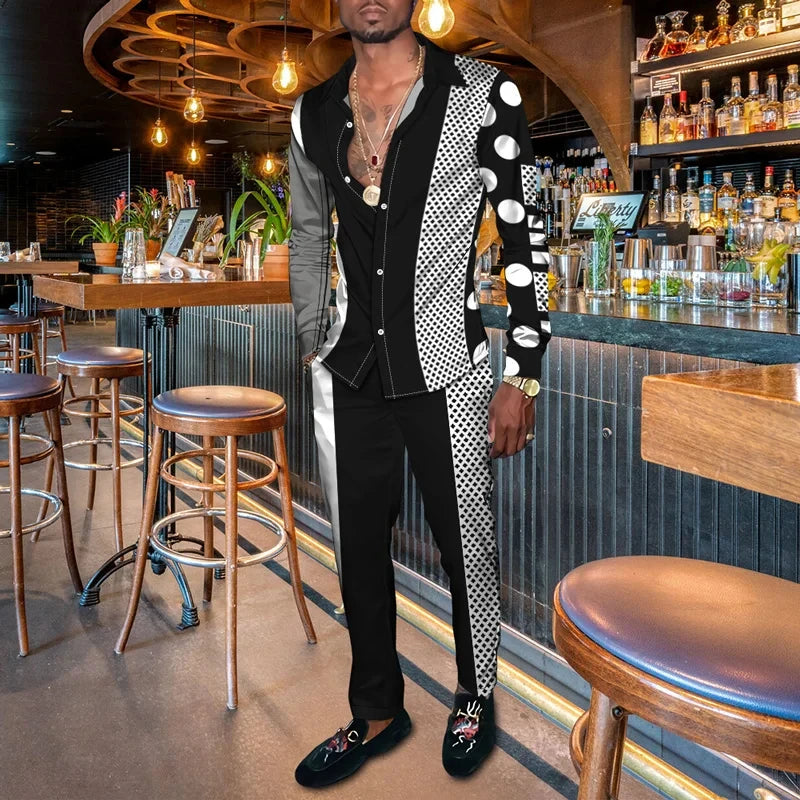Retro Men's Shirt Suits 3D Luxury Print Fashion Men Casual Breathable Men's Lapel Long Sleeve Shirt Long Pants2 Pcs Set