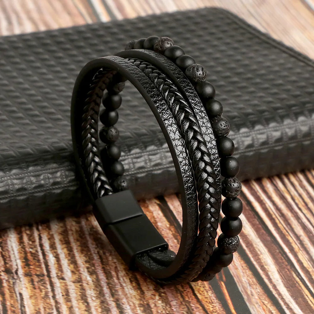 Hot Fashion Beads Leather Bracelet Men Classic Tiger Eye Beaded Multi Layer Leather Bracelet For Men Jewelry