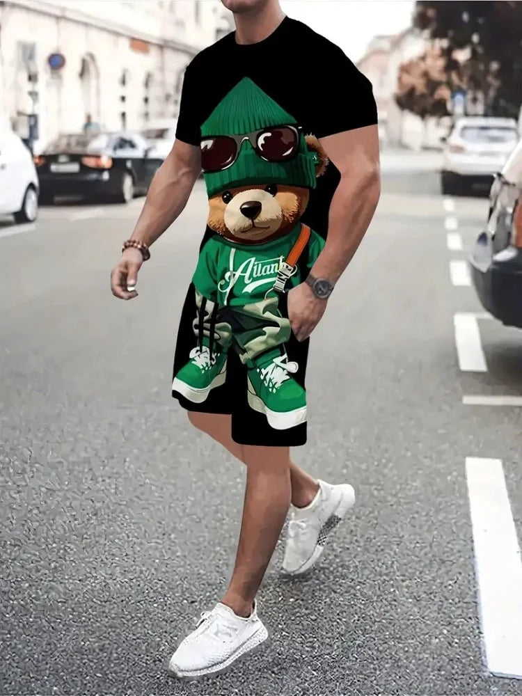 Hip Hop Style Personality Cartoon 3D Printed Men's Round Neck Short Sleeve 2 piece Fashionable Street Sports All-match Men's Suit